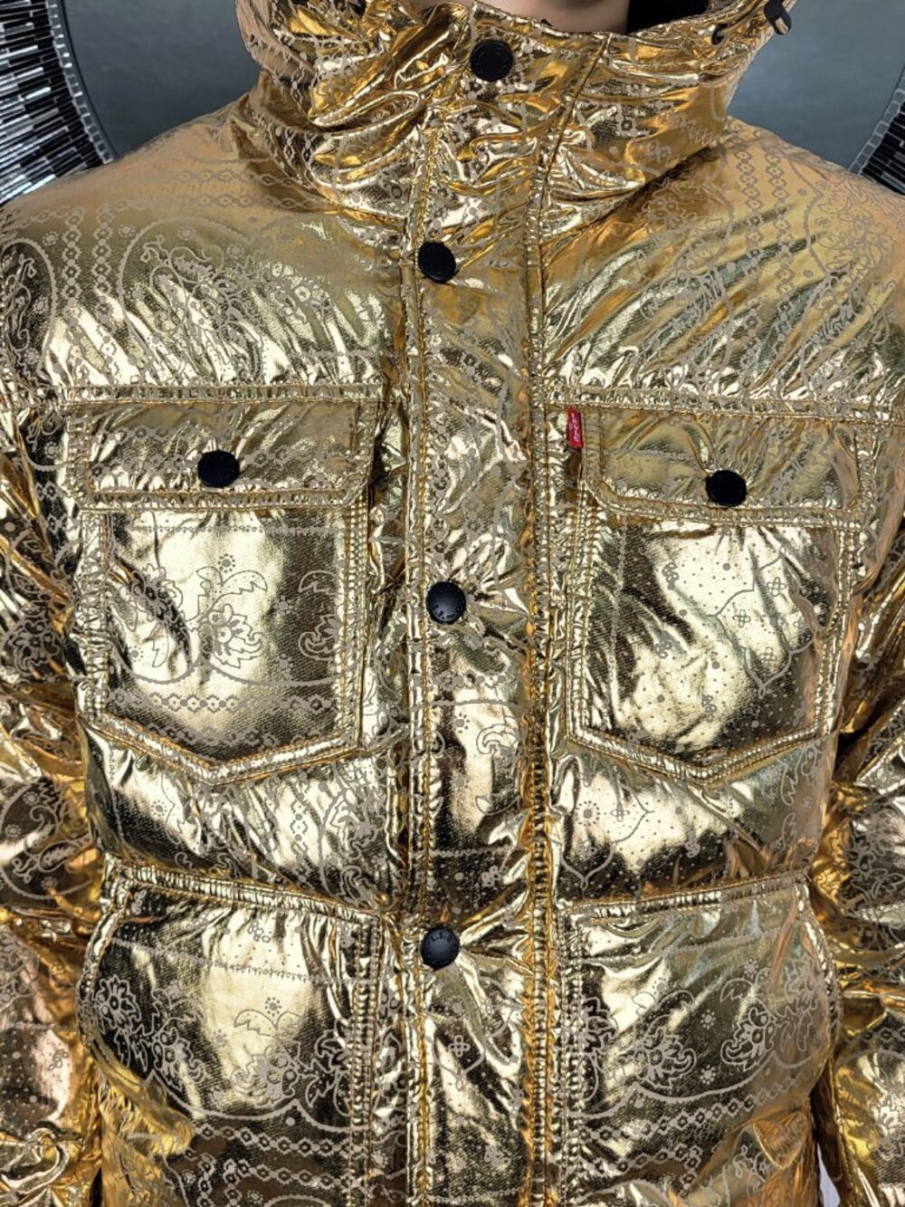 NWT~$225~LEVIS~SZ S~MENS GOLD METALLIC PUFFER BOMBER JACKET HOODED COAT POCKETS - Picture 8 of 16